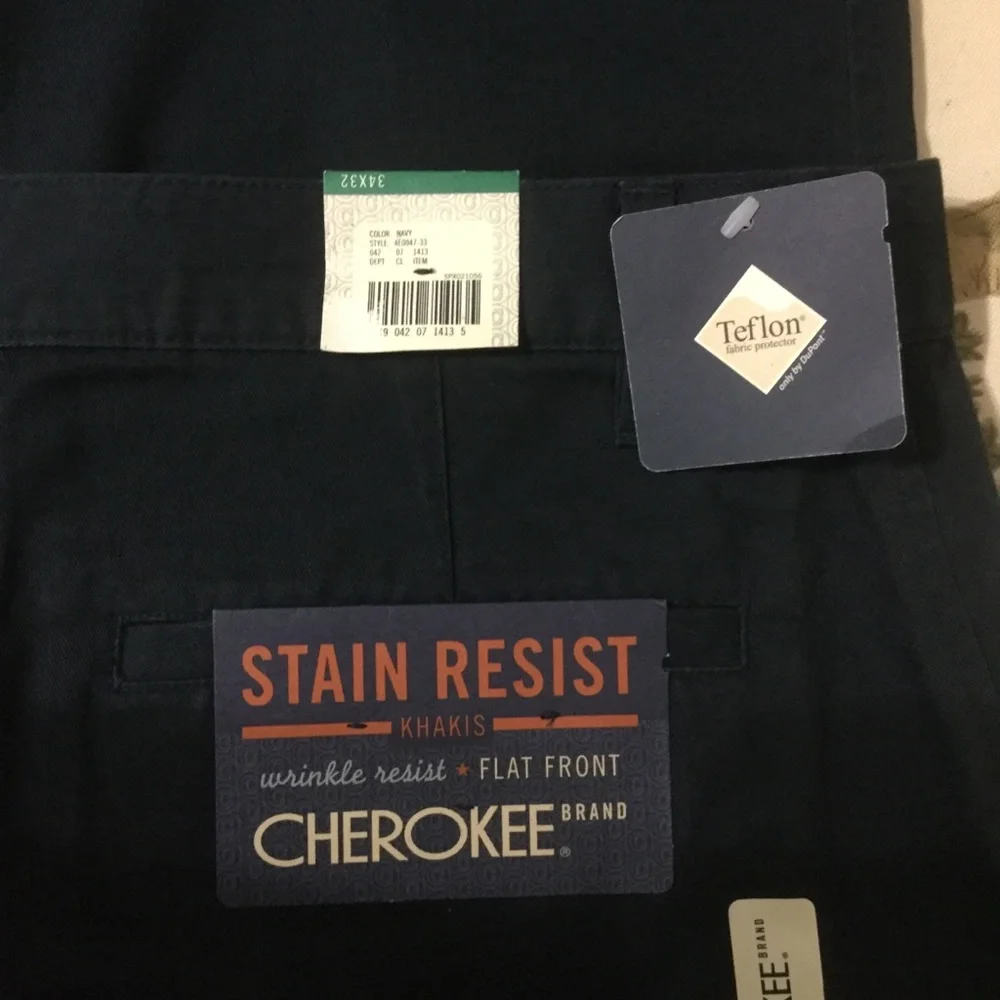 NWT Men’s Cheroke Khakis Flat Front Stain Resistance Navy Blue pants